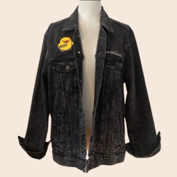 Embellished Black Oversized Denim Jacket Size L - Picture 1 of 11